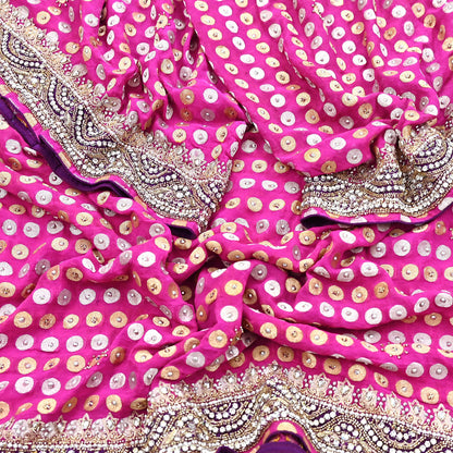 Indian Vintage Heavy Magenta Bridal Dupatta Pure Georgette Silk Hand Embroidered Zardozi, Dabka, Zari Work Party Wear Long Stole