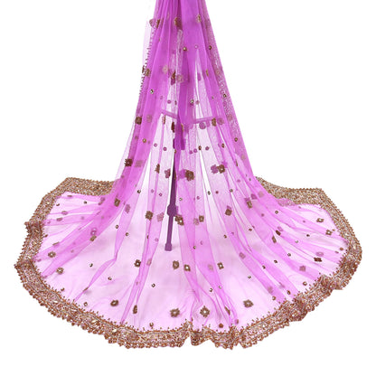 Indian Vintage wedding Hand Embroidered Purple Net Dupatta Zardozi Stole Veil Hijab Bridal