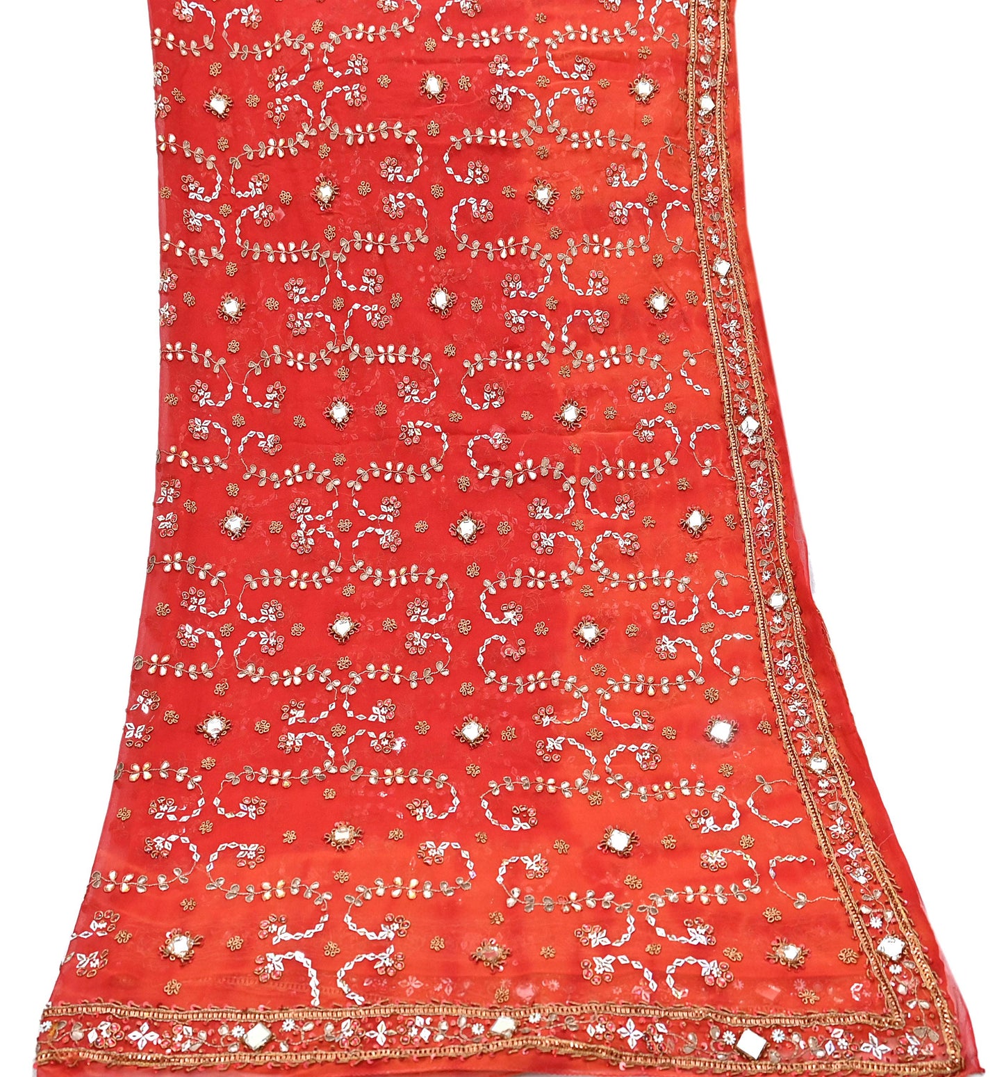 Indian Vintage Heavy orange Dupatta Pure Georgette Silk Long Stole Hand Embroidered Gota Patti Scarves Zardozi