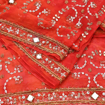 Indian Vintage Heavy orange Dupatta Pure Georgette Silk Long Stole Hand Embroidered Gota Patti Scarves Zardozi