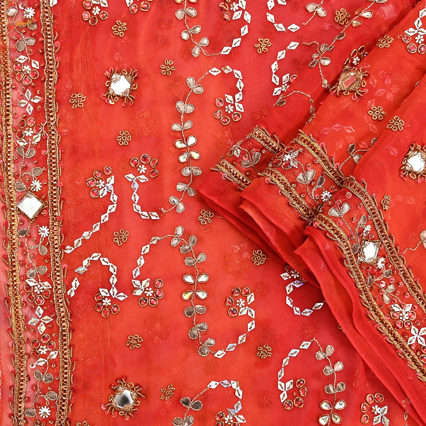 Indian Vintage Heavy orange Dupatta Pure Georgette Silk Long Stole Hand Embroidered Gota Patti Scarves Zardozi