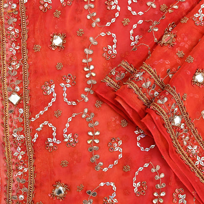 Indian Vintage Heavy orange Dupatta Pure Georgette Silk Long Stole Hand Embroidered Gota Patti Scarves Zardozi