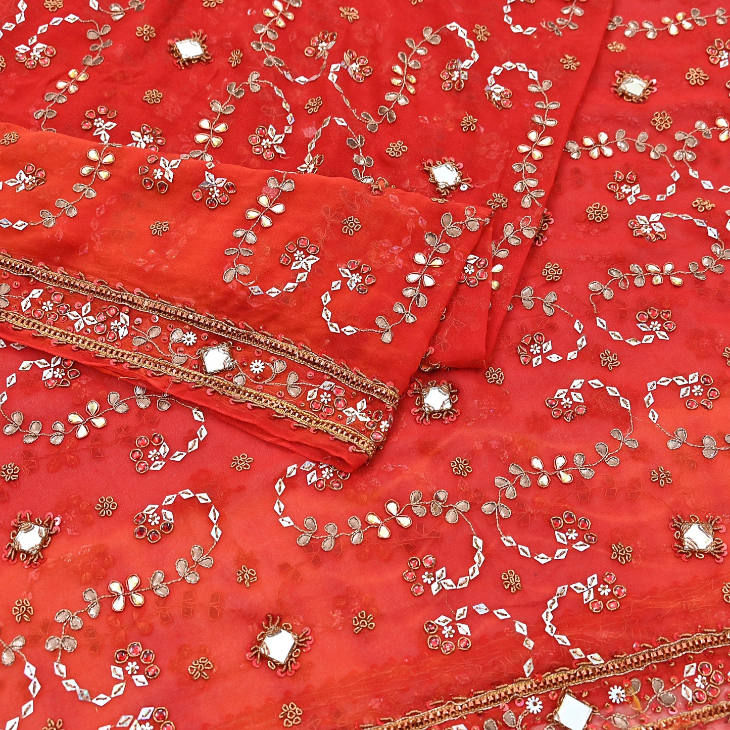 Indian Vintage Heavy orange Dupatta Pure Georgette Silk Long Stole Hand Embroidered Gota Patti Scarves Zardozi