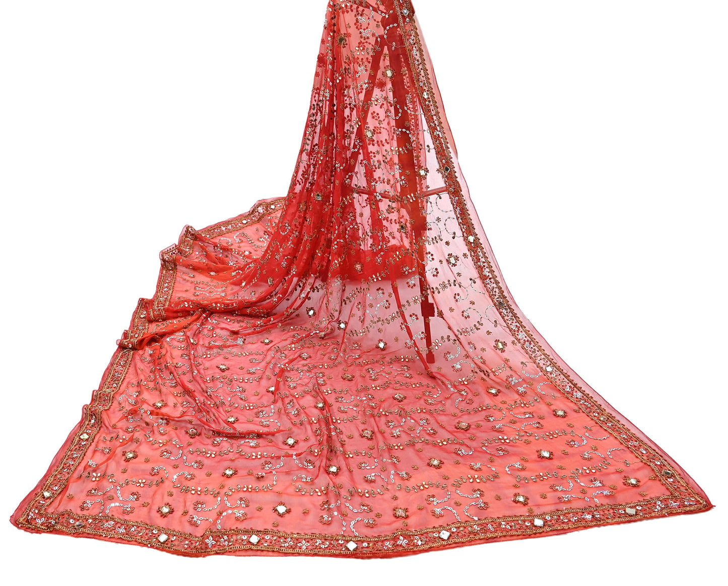 Indian Vintage Heavy orange Dupatta Pure Georgette Silk Long Stole Hand Embroidered Gota Patti Scarves Zardozi
