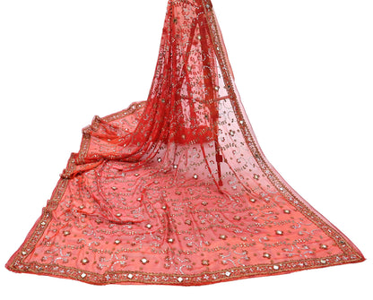 Indian Vintage Heavy orange Dupatta Pure Georgette Silk Long Stole Hand Embroidered Gota Patti Scarves Zardozi