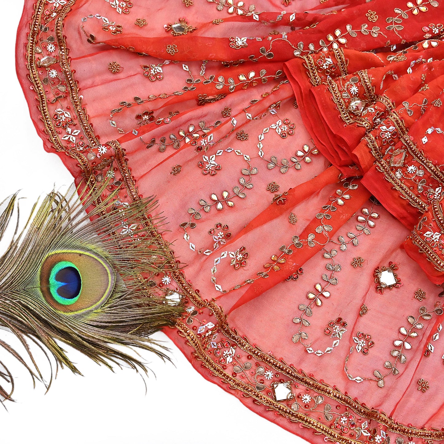 Indian Vintage Heavy orange Dupatta Pure Georgette Silk Long Stole Hand Embroidered Gota Patti Scarves Zardozi