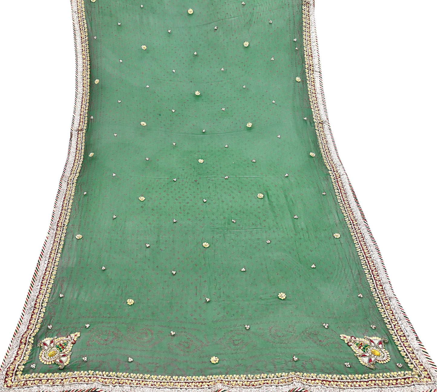 Indian Vintage Green Dupatta Pure Georgette Silk Hand Embroidered Bandhani Veil Scarves Soft Sequins Border