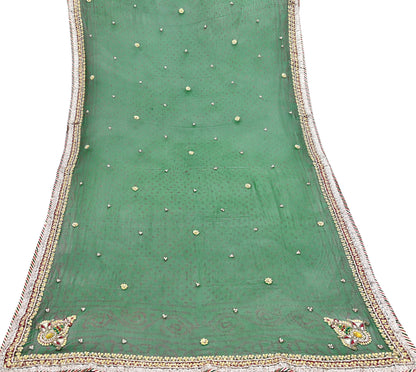 Indian Vintage Green Dupatta Pure Georgette Silk Hand Embroidered Bandhani Veil Scarves Soft Sequins Border