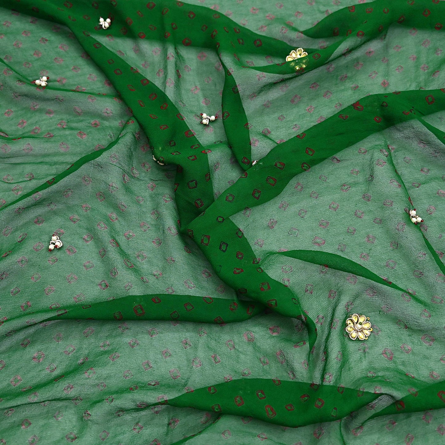 Indian Vintage Green Dupatta Pure Georgette Silk Hand Embroidered Bandhani Veil Scarves Soft Sequins Border