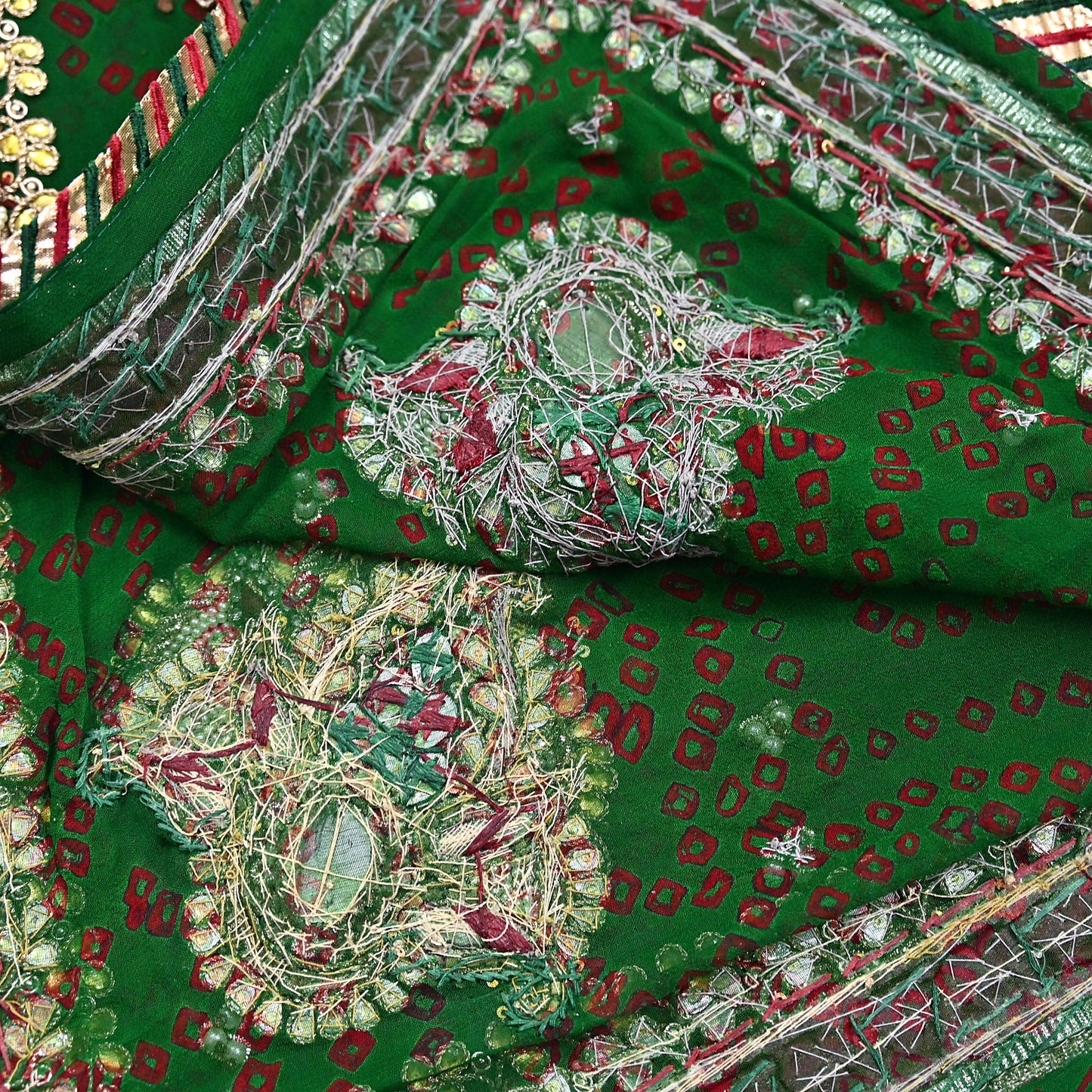 Indian Vintage Green Dupatta Pure Georgette Silk Hand Embroidered Bandhani Veil Scarves Soft Sequins Border