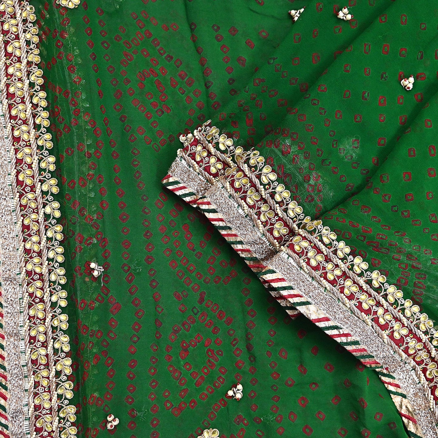 Indian Vintage Green Dupatta Pure Georgette Silk Hand Embroidered Bandhani Veil Scarves Soft Sequins Border