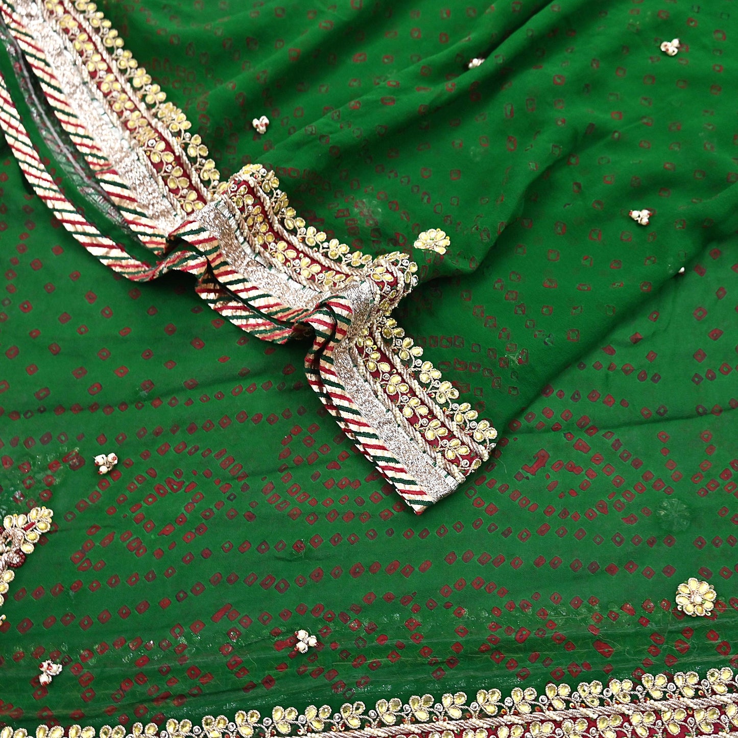 Indian Vintage Green Dupatta Pure Georgette Silk Hand Embroidered Bandhani Veil Scarves Soft Sequins Border
