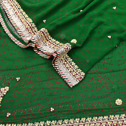 Indian Vintage Green Dupatta Pure Georgette Silk Hand Embroidered Bandhani Veil Scarves Soft Sequins Border