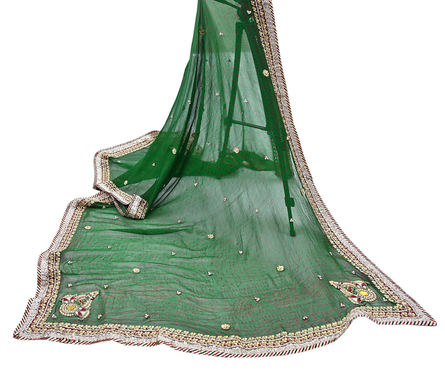 Indian Vintage Green Dupatta Pure Georgette Silk Hand Embroidered Bandhani Veil Scarves Soft Sequins Border