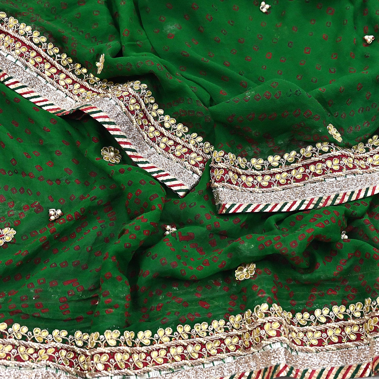 Indian Vintage Green Dupatta Pure Georgette Silk Hand Embroidered Bandhani Veil Scarves Soft Sequins Border