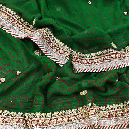 Indian Vintage Green Dupatta Pure Georgette Silk Hand Embroidered Bandhani Veil Scarves Soft Sequins Border