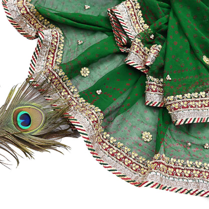 Indian Vintage Green Dupatta Pure Georgette Silk Hand Embroidered Bandhani Veil Scarves Soft Sequins Border