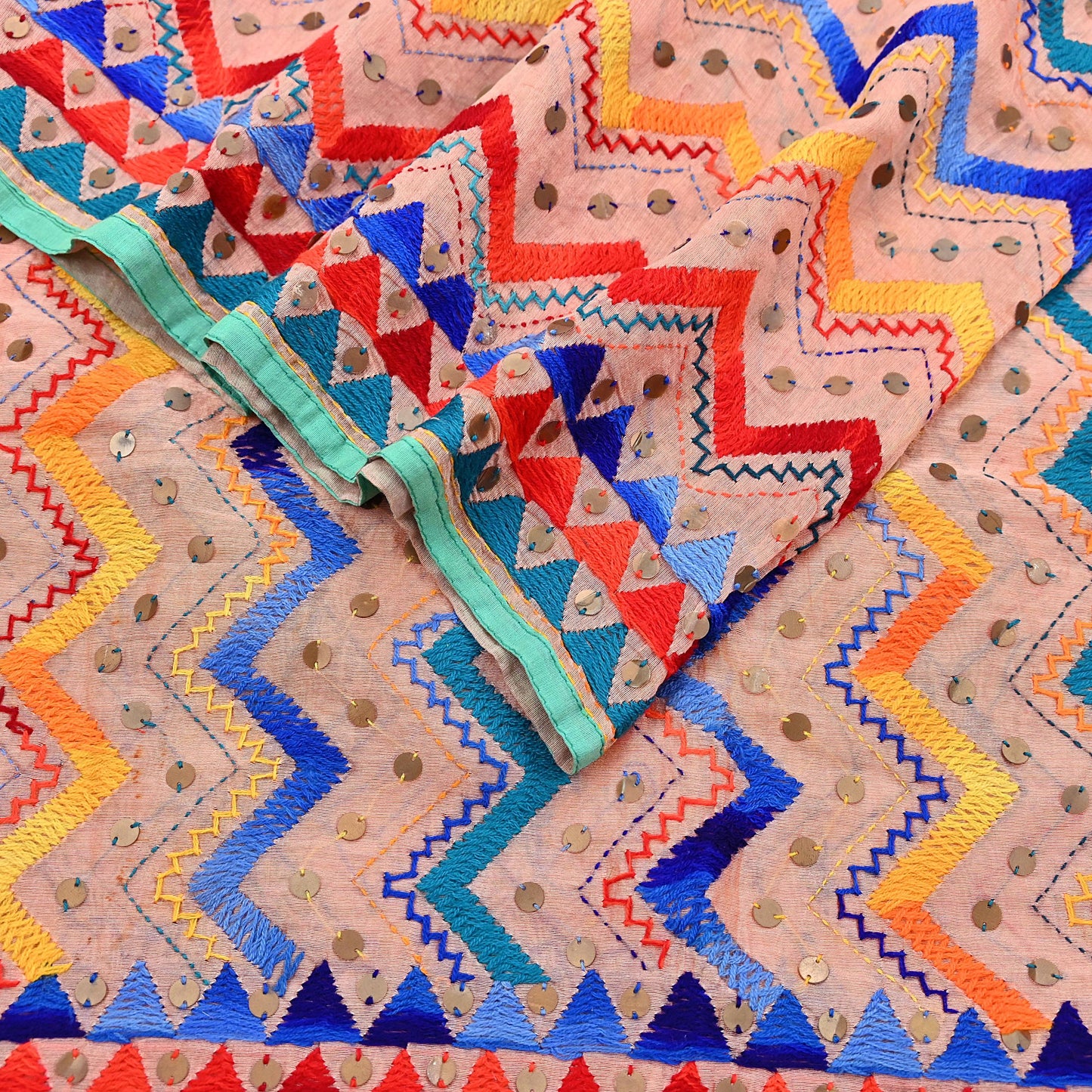 Indian Vintage Dupatta Peach Long Stole Chanderi Hand Embroidered Bagh Phulkari Stole Scarves Party wear Veil Hijab Wrap Scarf