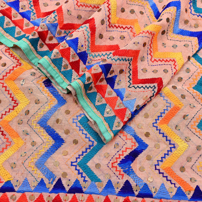 Indian Vintage Dupatta Peach Long Stole Chanderi Hand Embroidered Bagh Phulkari Stole Scarves Party wear Veil Hijab Wrap Scarf