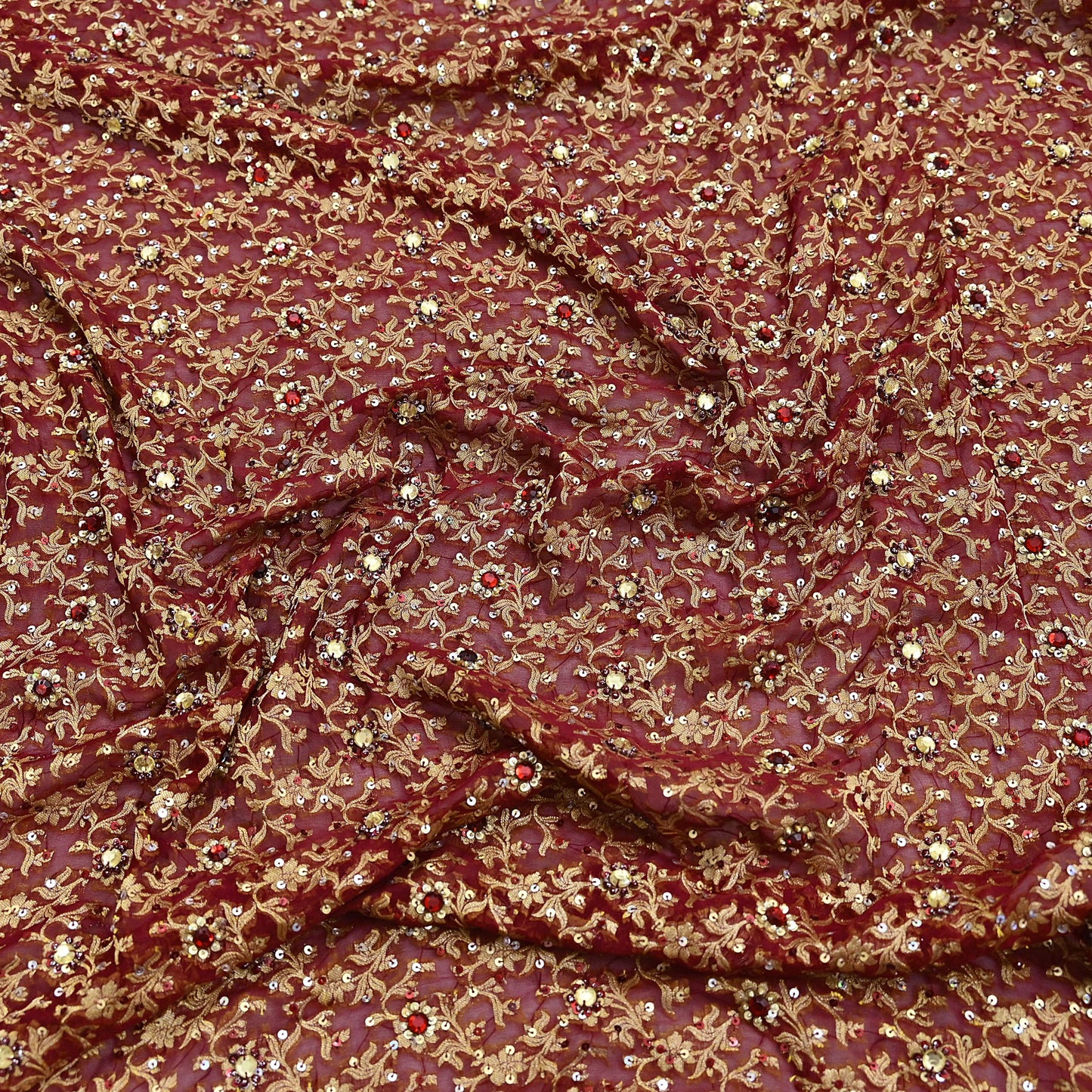 Indian Vintage Red Dupatta Pure Georgette silk Long Stole Hand Embroidered Scarves Stole Veil Wrap Sequins