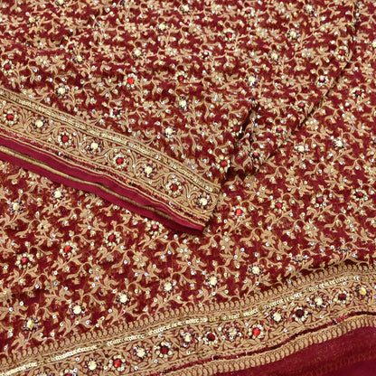 Indian Vintage Red Dupatta Pure Georgette silk Long Stole Hand Embroidered Scarves Stole Veil Wrap Sequins