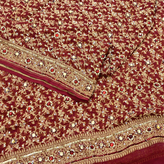 Indian Vintage Red Dupatta Pure Georgette silk Long Stole Hand Embroidered Scarves Stole Veil Wrap Sequins