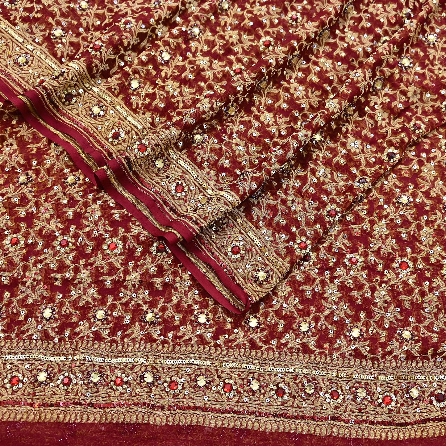Indian Vintage Red Dupatta Pure Georgette silk Long Stole Hand Embroidered Scarves Stole Veil Wrap Sequins