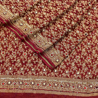 Indian Vintage Red Dupatta Pure Georgette silk Long Stole Hand Embroidered Scarves Stole Veil Wrap Sequins