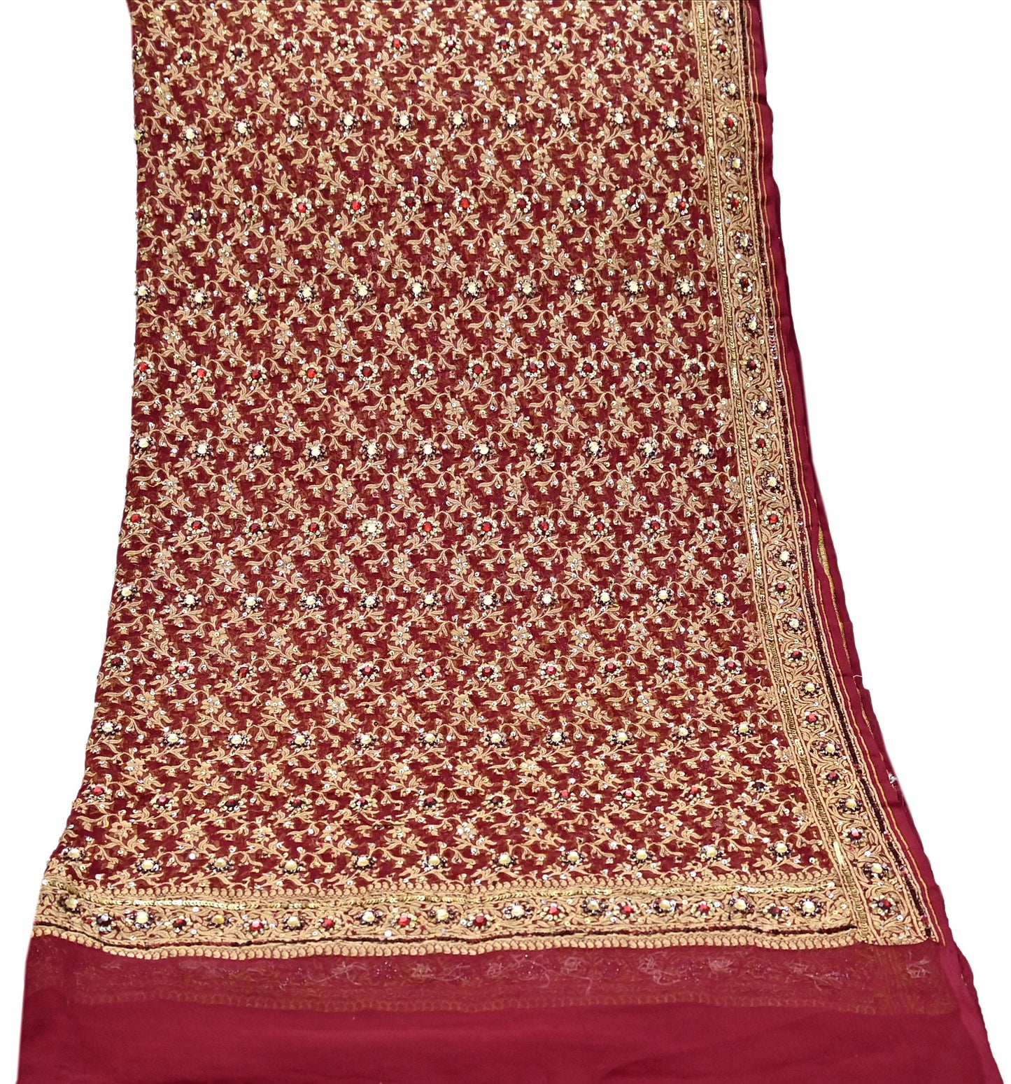 Indian Vintage Red Dupatta Pure Georgette silk Long Stole Hand Embroidered Scarves Stole Veil Wrap Sequins