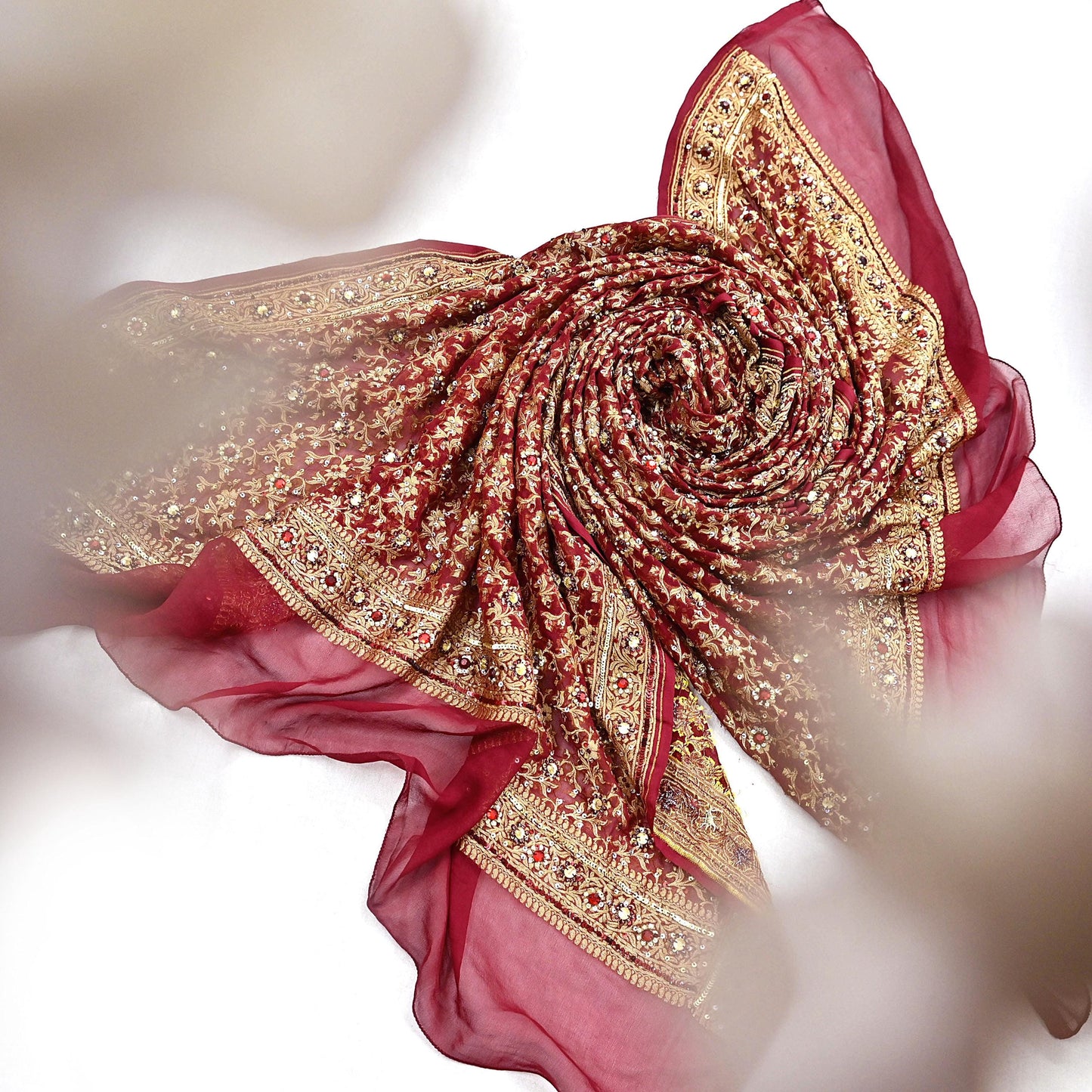 Indian Vintage Red Dupatta Pure Georgette silk Long Stole Hand Embroidered Scarves Stole Veil Wrap Sequins