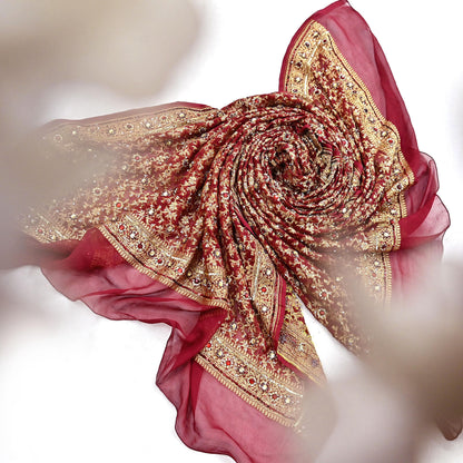 Indian Vintage Red Dupatta Pure Georgette silk Long Stole Hand Embroidered Scarves Stole Veil Wrap Sequins