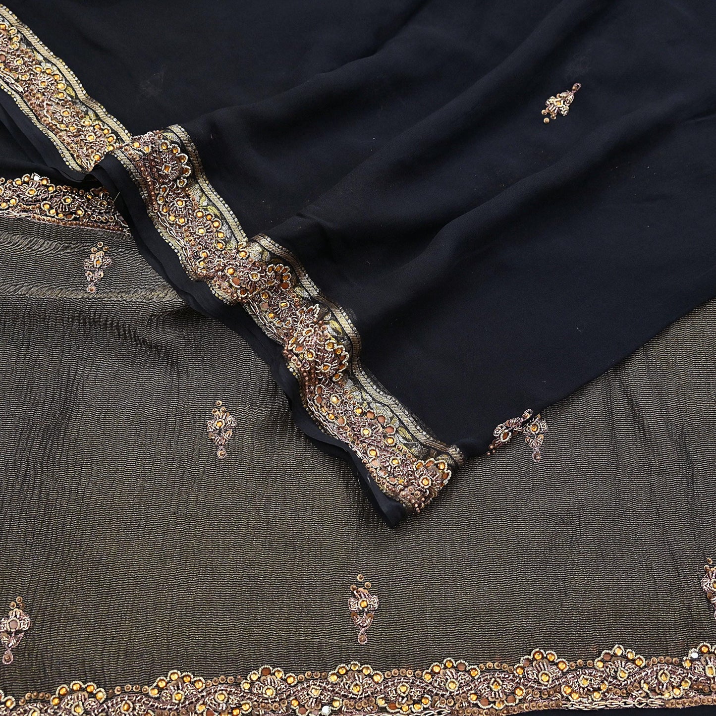 Indian Vintage Black Dupatta Pure Georgette silk Long Stole Hand Embroidered Scarves Stole Veil Wrap Sequins