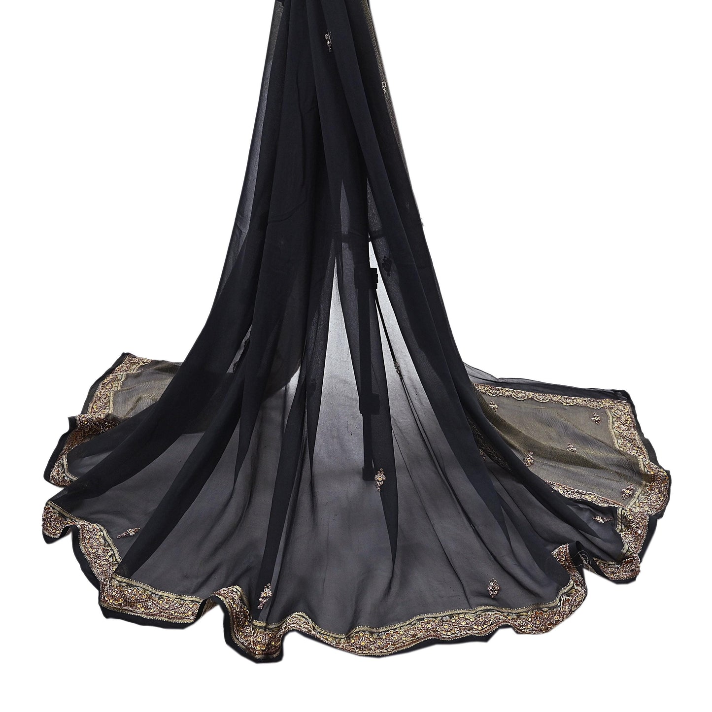 Indian Vintage Black Dupatta Pure Georgette silk Long Stole Hand Embroidered Scarves Stole Veil Wrap Sequins