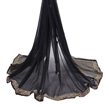 Indian Vintage Black Dupatta Pure Georgette silk Long Stole Hand Embroidered Scarves Stole Veil Wrap Sequins