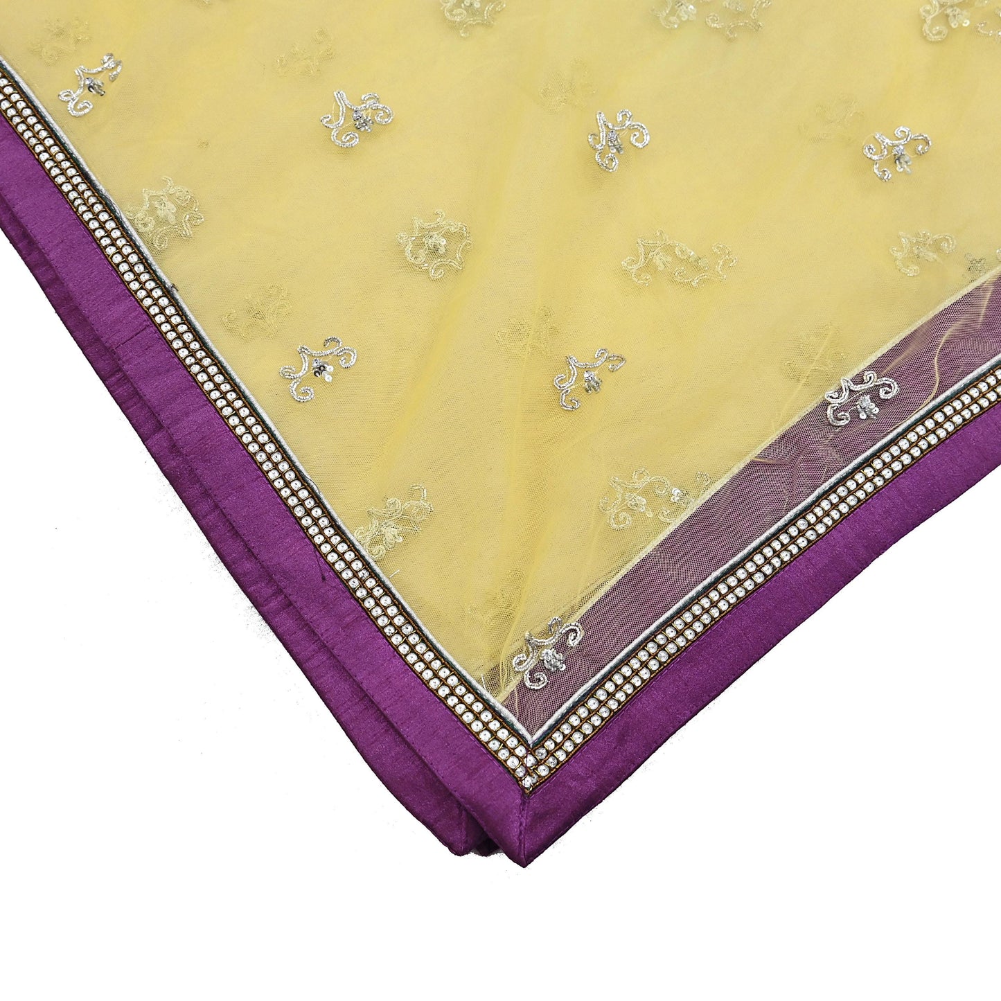 Indian Vintage Heavy Yellow Dupatta Net Mesh Long Stole Hand Embroidered Scarves Golden Zardozi Zari Sequins Hijab Veil wrap Boho