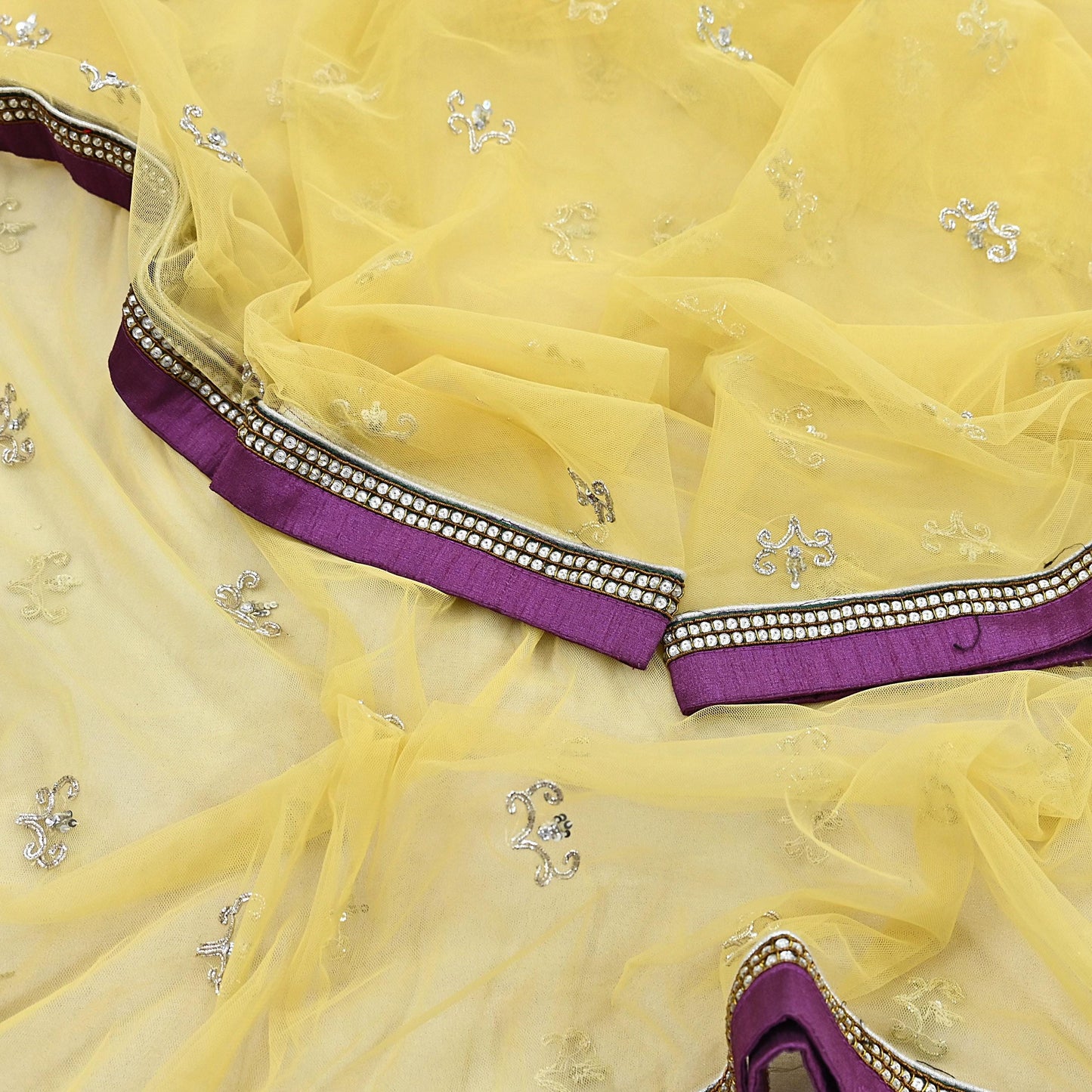 Indian Vintage Heavy Yellow Dupatta Net Mesh Long Stole Hand Embroidered Scarves Golden Zardozi Zari Sequins Hijab Veil wrap Boho