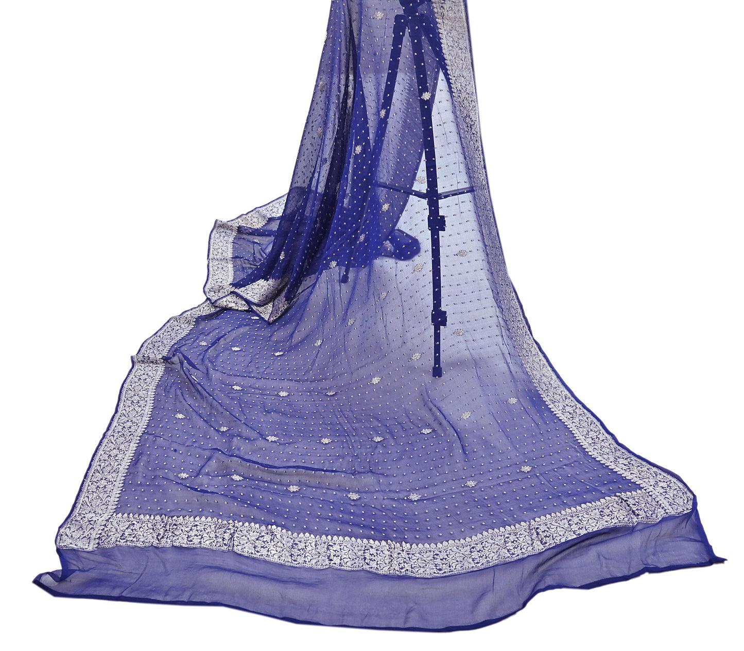 Indian Vintage Blue Dupatta Long Stole Pure Georgette Silk Hand Woven Scarves Veil Scarf Wrap Hippie Boho Soft