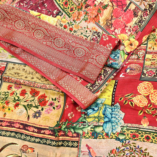 Indian Vintage Red Chanderi Silk Saree Digital Printed Floral Zari Border 5 Yards Fabric for Sewing Christmas Crafts