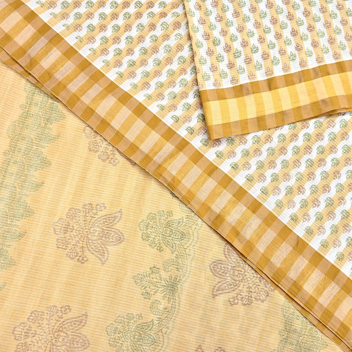 Indian Vintage Sari White & Beige Printed 100% Pure Cotton Sarees Craft Fabric 5Yd Sewing Sarong Wrap Boho Quilting Crafting zari border