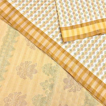 Indian Vintage Sari White & Beige Printed 100% Pure Cotton Sarees Craft Fabric 5Yd Sewing Sarong Wrap Boho Quilting Crafting zari border