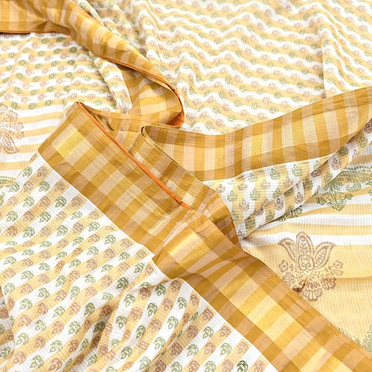 Indian Vintage Sari White & Beige Printed 100% Pure Cotton Sarees Craft Fabric 5Yd Sewing Sarong Wrap Boho Quilting Crafting zari border