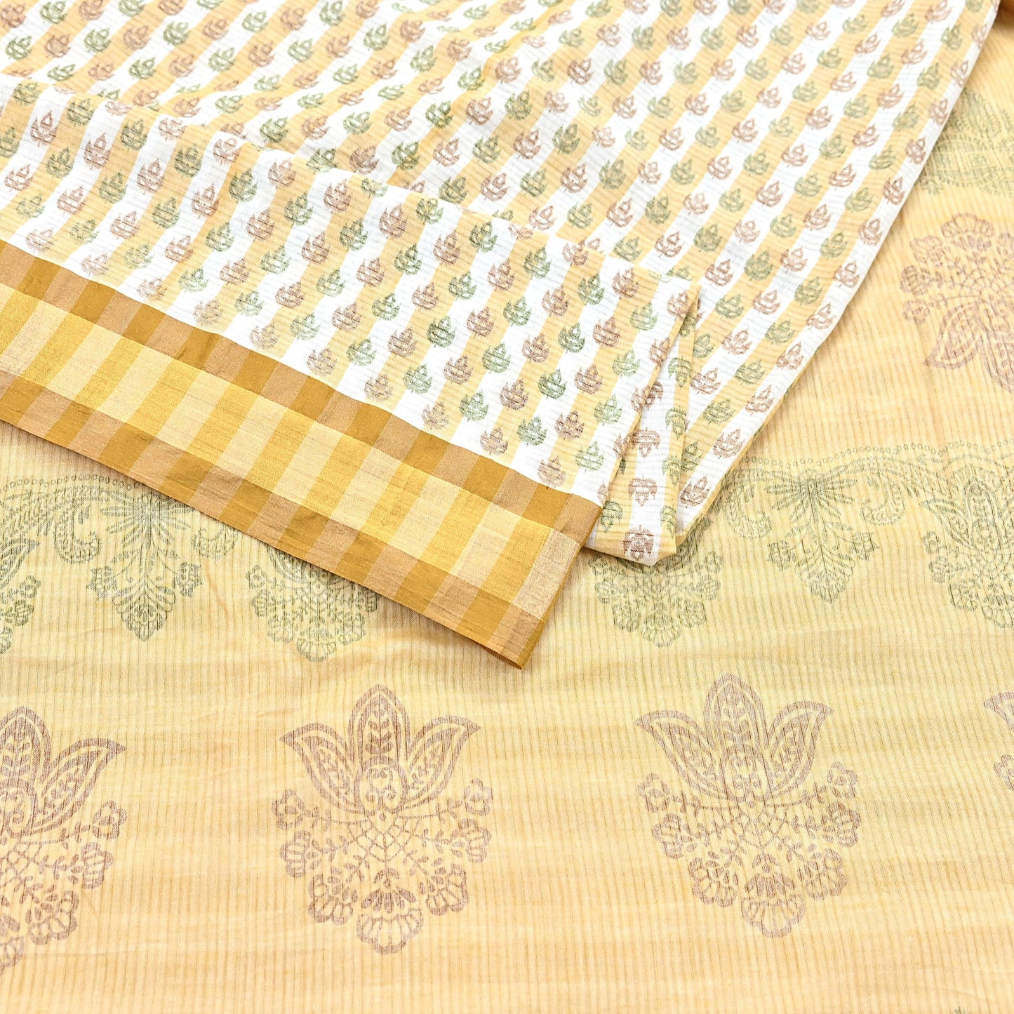 Indian Vintage Sari White & Beige Printed 100% Pure Cotton Sarees Craft Fabric 5Yd Sewing Sarong Wrap Boho Quilting Crafting zari border