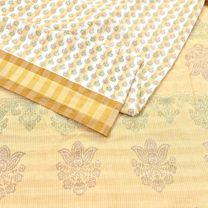 Indian Vintage Sari White & Beige Printed 100% Pure Cotton Sarees Craft Fabric 5Yd Sewing Sarong Wrap Boho Quilting Crafting zari border