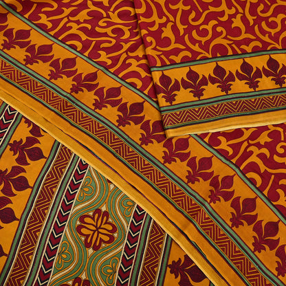 Indian Vintage Sari Mustard & maroon Pure Crepe Silk Printed Saree 6yard Sewing Quilting Floral Soft Craft Fabric Wrap