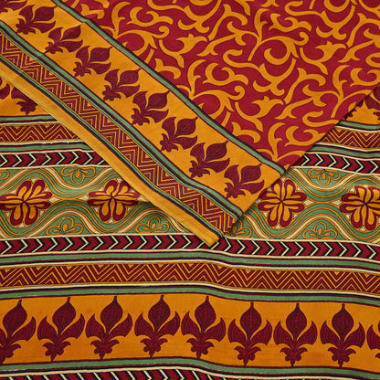 Indian Vintage Sari Mustard & maroon Pure Crepe Silk Printed Saree 6yard Sewing Quilting Floral Soft Craft Fabric Wrap