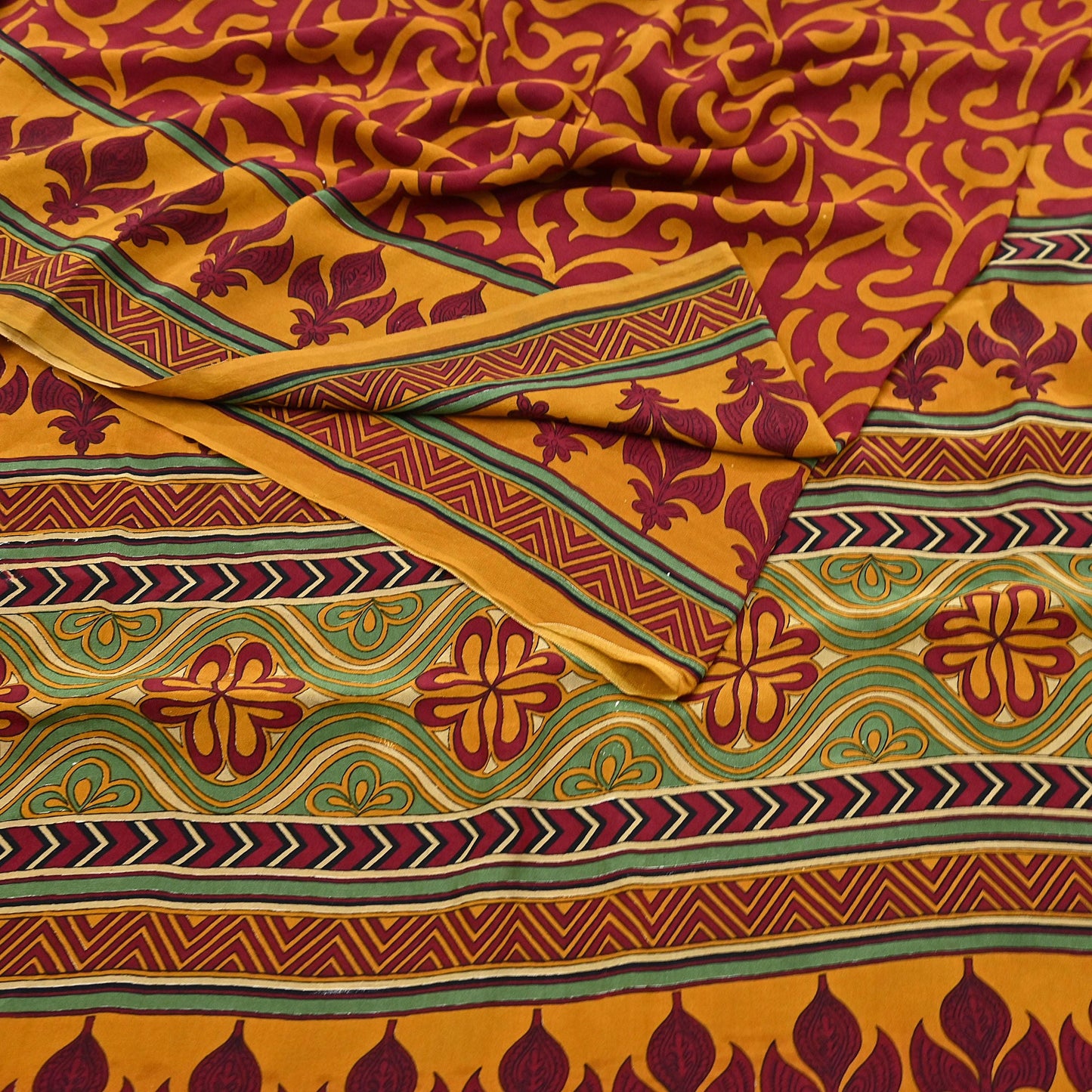 Indian Vintage Sari Mustard & maroon Pure Crepe Silk Printed Saree 6yard Sewing Quilting Floral Soft Craft Fabric Wrap