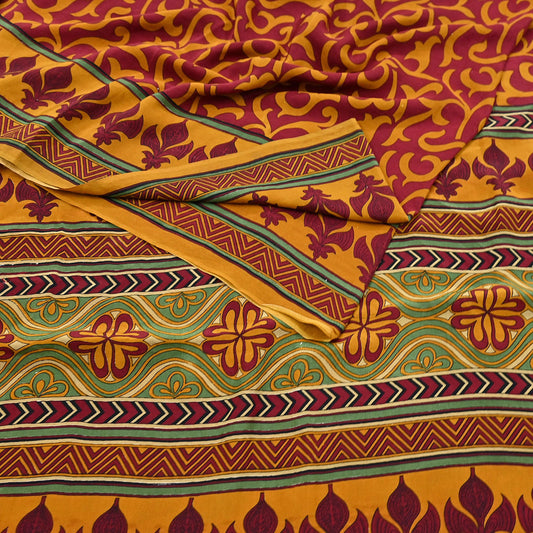 Indian Vintage Sari Mustard & maroon Pure Crepe Silk Printed Saree 6yard Sewing Quilting Floral Soft Craft Fabric Wrap