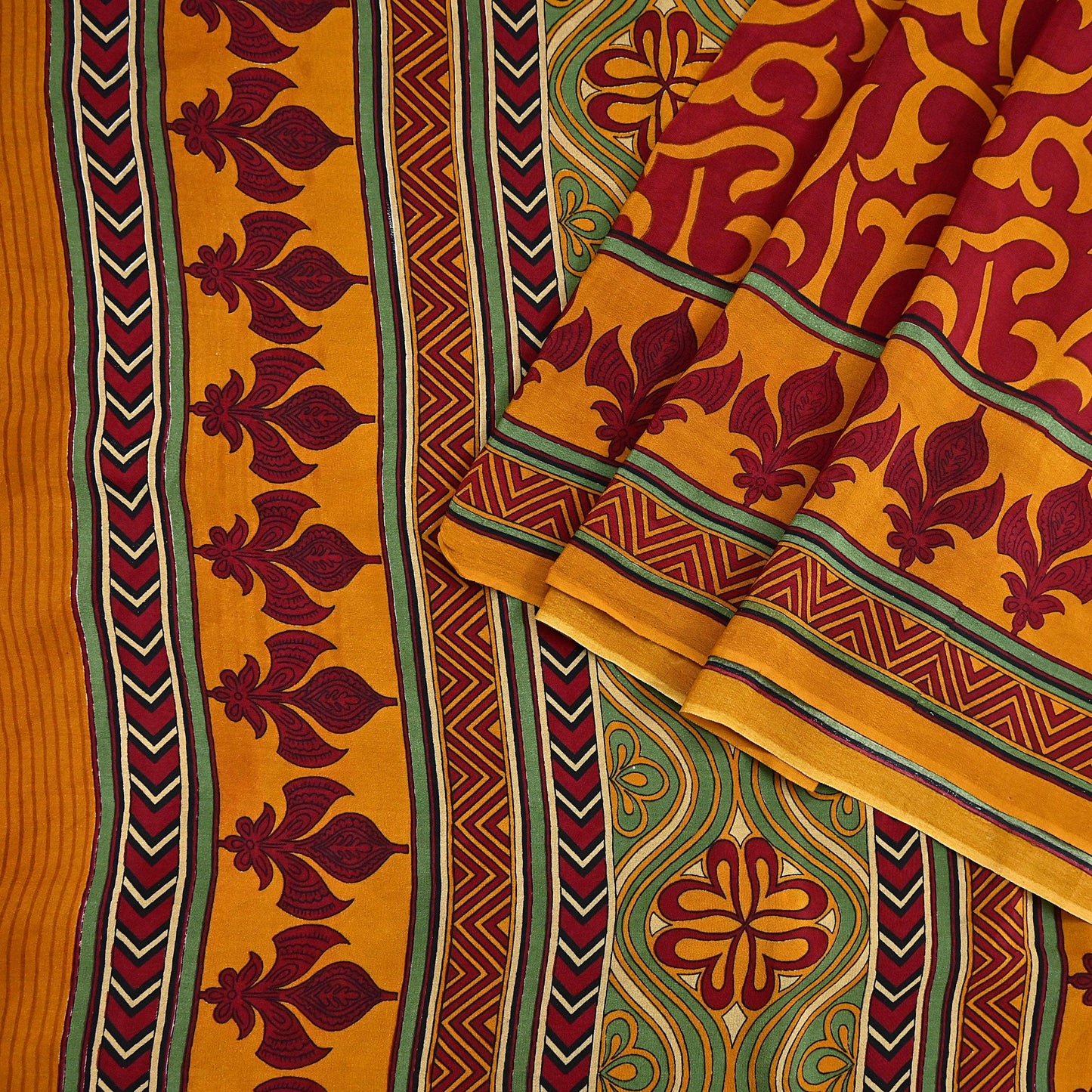 Indian Vintage Sari Mustard & maroon Pure Crepe Silk Printed Saree 6yard Sewing Quilting Floral Soft Craft Fabric Wrap