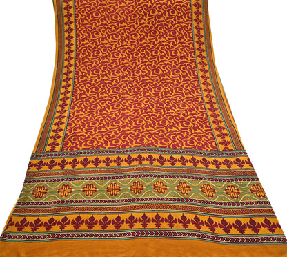 Indian Vintage Sari Mustard & maroon Pure Crepe Silk Printed Saree 6yard Sewing Quilting Floral Soft Craft Fabric Wrap