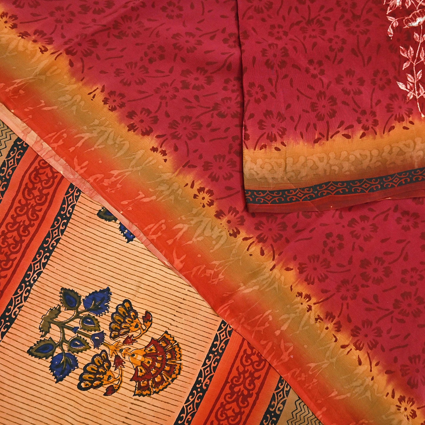 Indian Vintage Sari Multi Pure Crepe Silk Hand Embroidered Saree 6yd Sewing Floral Craft Dress making Crafting Quilting